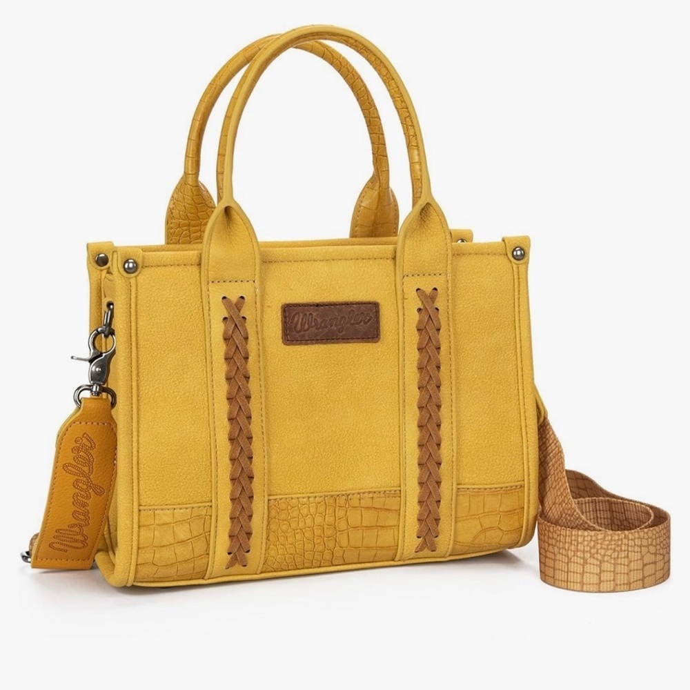 Wrangler small tote crossbody bag yellow and tan vegan leather, detachable strap